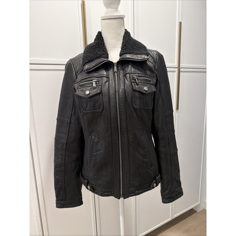Michael Kors 100% Leather Sherling Trim Aviator Jacket M Utility Bomber City